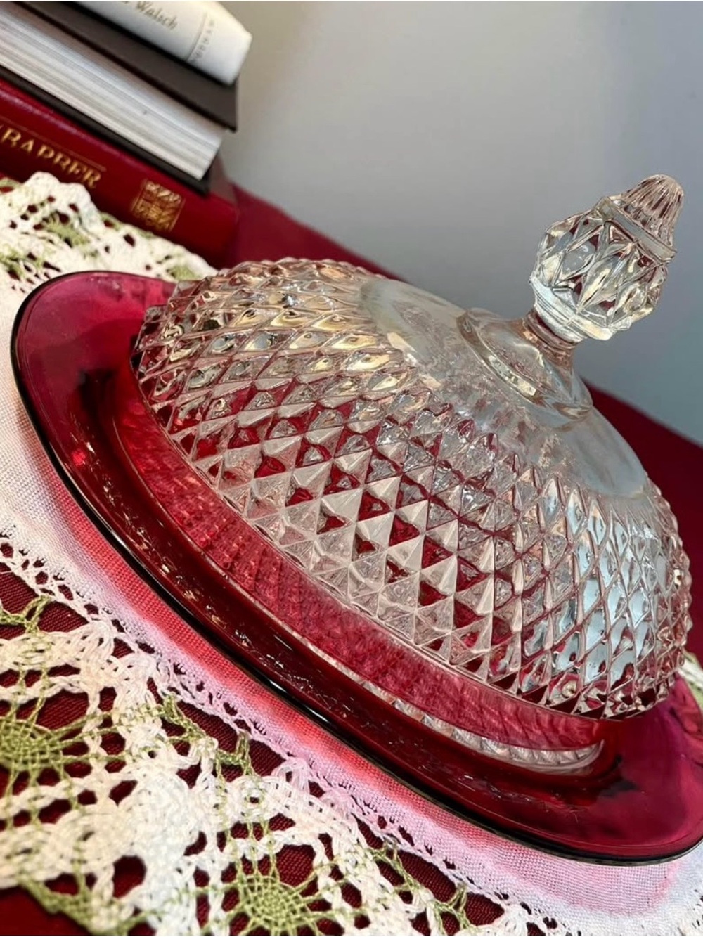Vintage Indiana Glass Ruby Flash Diamond Cut Covered Butter Dish